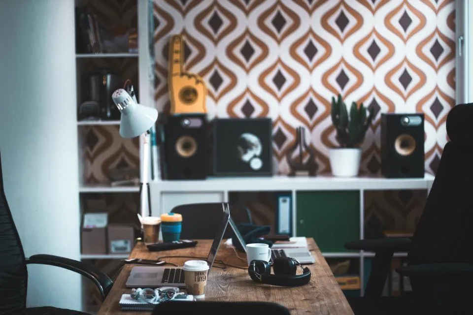 Office workspace with stationery and supplies